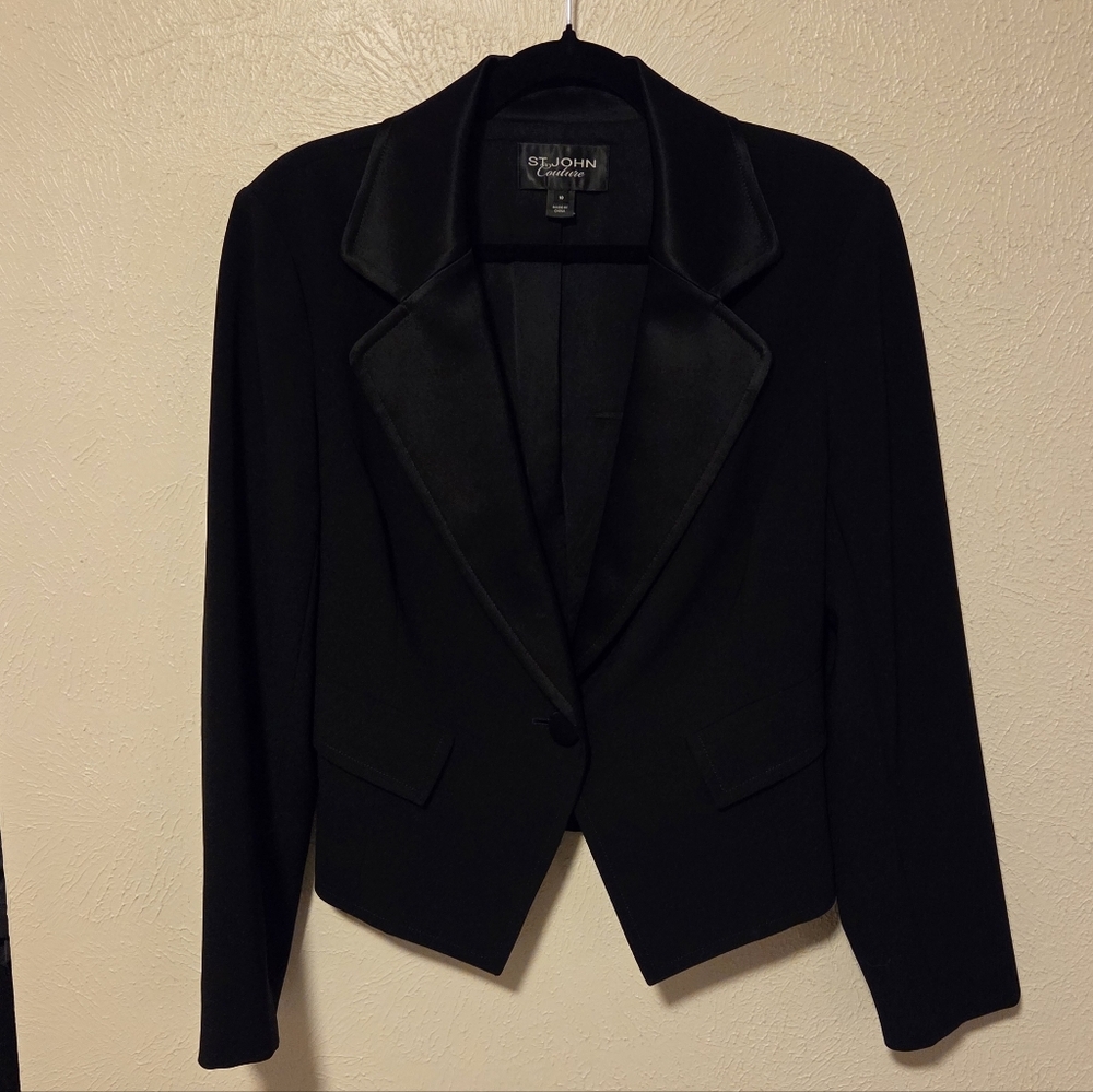 St John Couture Black Tuxedo Evening Formal Blazer Jacket Women's 10 Silk Lining - Picture 3 of 9